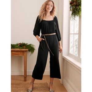Garnet Hill  Retro Femme Knit Jumpsuit M Black Wide Leg Crop Belted Pockets